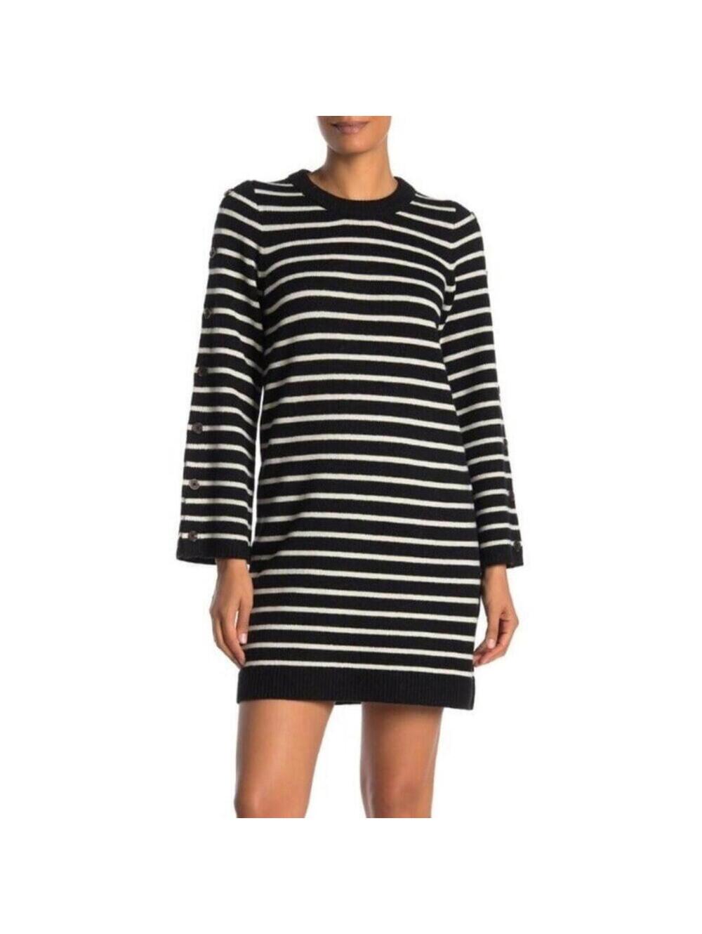 Madewell Merino Wool Striped Button Sleeve Sweater Dress L Large Black White NWT